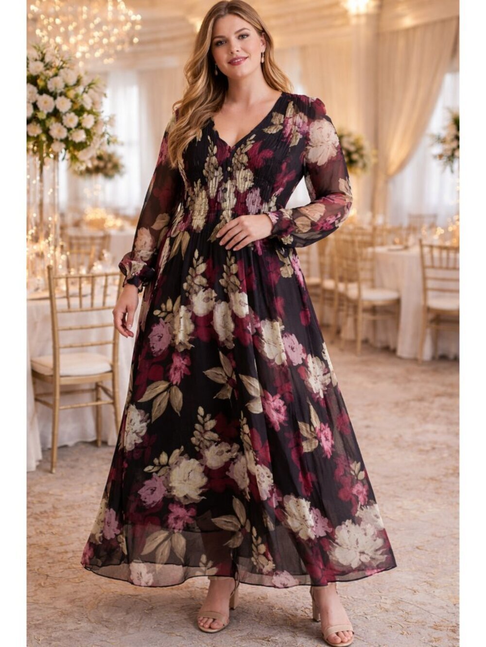 Taylor Chiffon Floral Print Dress Long Sleeve Size 16/XL Smoke V-Neck Party - Picture 11 of 12